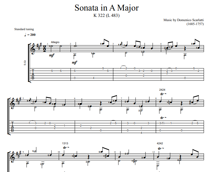 Domenico Scarlatti - Sonata in A Major sheet music for guitar
